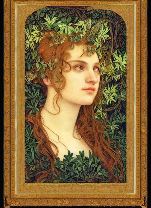 Image similar to masterpiece beautiful seductive flowing curves preraphaelite face portrait photography, extreme close up shot, straight bangs, thick set features, yellow ochre ornate medieval dress, laying amongst foliage mushroom forest circle arch, william morris and kilian eng and mucha, framed, 4 k