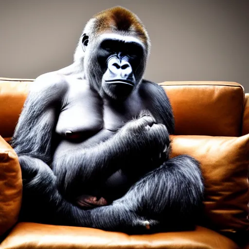 Prompt: middle-aged gorilla sits on a couch with an iPad, depressed, dull color