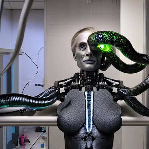 Prompt: the upper torso of a terminator cyborg lady with borg implants, human face and robotic snakes coming out of her head is hanging from cables and wires off the ceiling of a lab. Her bottom half is missing with cables hanging out. She is taking a sip from a cup of coffee. Tiny green led lights in her cybernetics. Sophisticated server room in the background, with dystopian city visible through the window. very detailed 8k. Horror cyberpunk style.