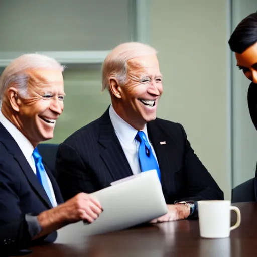 Image similar to stock photo of kim kardashian, joe biden, and bill gates wearing suits and ties laughing in an office building, 8k resolution, full HD, cinematic lighting, award winning, anatomically correct