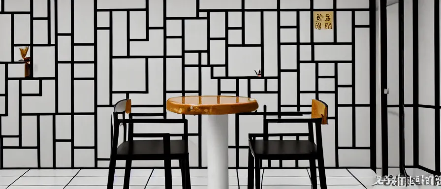 Prompt: a beautiful simple interior 4 k hd wallpaper illustration of small roasted string hotpot restaurant restaurant yan'an, wall corner, from china, pagoda hill paper wall and white tile floor, rectangle white porcelain table, black chair, fine simple delicate structure, chinese style, simple composition, simple style structure decoration design, victo ngai, 4 k hd