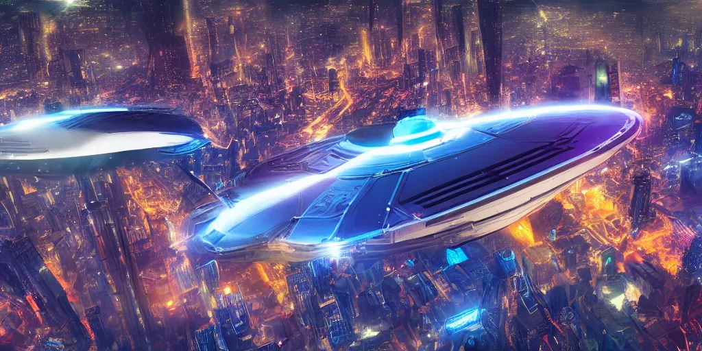 Prompt: photograph A giant starship hovering over a futuristic city, highly detailed, hyper realistic, vibrant colors, HD wallpaper, 4k, photorealistic, digital art