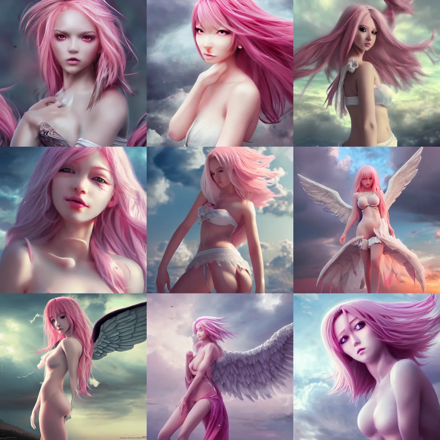 Prompt: beautiful female angel in stormy sky, anime, pink hair, white wings, white sarong, hourglass figure, white eyes, detailed anatomy, by wlop, cg society contest winner, cinematic paint, unreal engine