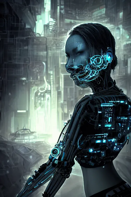 Prompt: biomechanical cyberpunk female hacker, infinite detail, full shot, smooth, sharp focus, illustration, rembrandt lighting, dark mood, mysterious, concept art, unreal engine 5, 8 k, art by john alvin