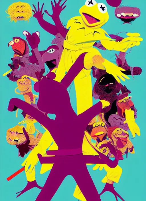 Prompt: poster artwork by Michael Whelan and Tomer Hanuka, The Muppet Show, Kermit and Miss Piggy karate fight scene from Kill Bill, pop art poster, vector art, poster artwork by Michael Whelan and Tomer Hanuka