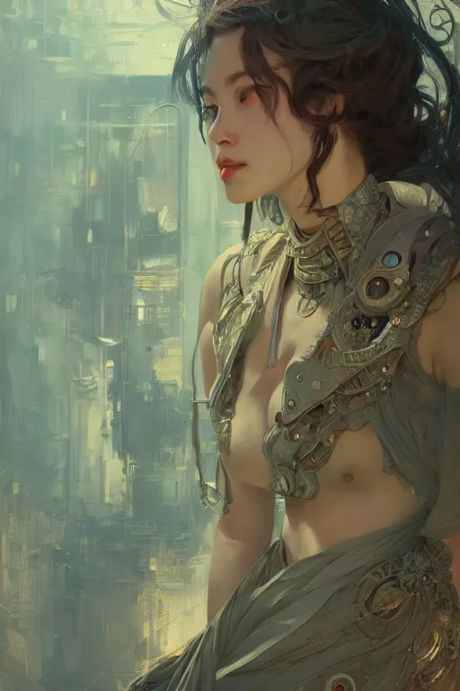 Image similar to A full portrait of a powerful beautiful futuristic dystopian junktown Japanese techromancer sorcerer enchanter, intricate, elegant, highly detailed, digital painting, artstation, concept art, smooth, sharp focus, illustration, art by Krenz Cushart and Artem Demura and alphonse mucha