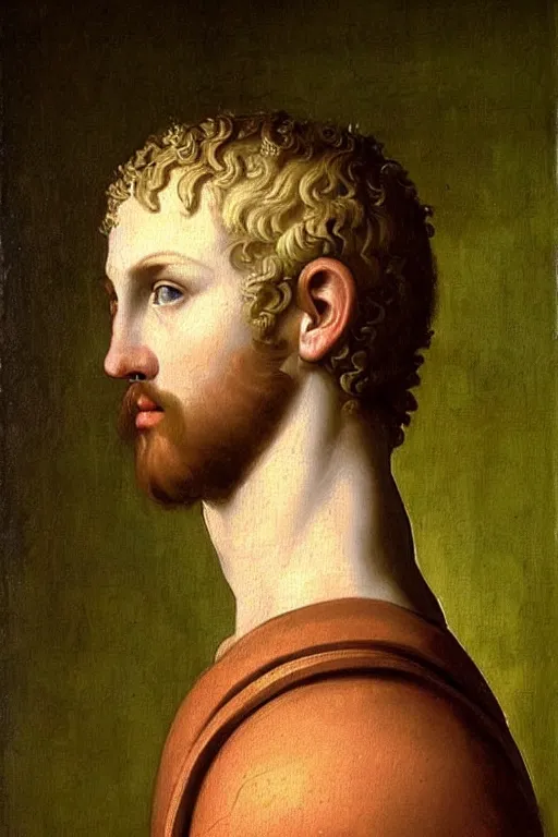 Image similar to renaissance painting of man, short blonde hair, thoughtful face, emotions closeup, dressed in roman armour, the beautiful garden with olive leaves, ultra detailed, art by Guido Reni style, Vincenzo Catena style