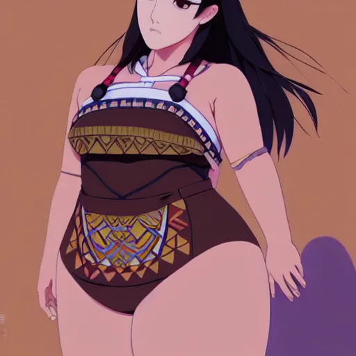 Image similar to a beautiful plus sized model japanese natalie portman, alluring plus sized model with brown skin, wearing mayan leotard with overalls, street fashion hip hop style with mayan patterns, aztec street fashion, gapmoe yandere grimdark, trending on pixiv fanbox, painted by greg rutkowski makoto shinkai takashi takeuchi studio ghibli, akihiko yoshida