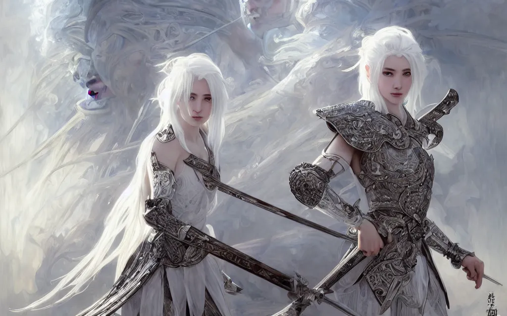 Image similar to white hair knights of zodiac girl, sliver ice color reflected armor, bushido fighting in ruined agora of athens sunrise, ssci - fi and fantasy, intricate and very very beautiful and elegant, highly detailed, digital painting, artstation, concept art, smooth and sharp focus, illustration, art by tian zi and wlop and alphonse mucha