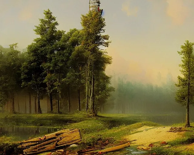 Image similar to beautiful matte painting of cute soviet block of flats hrushevka in end of forest by ivan shishkin and aivazovsky