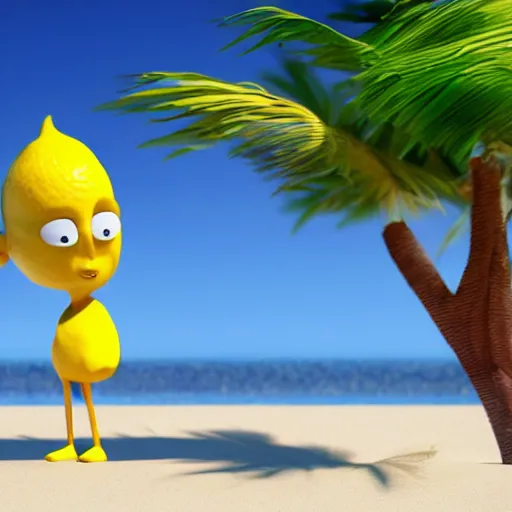 Image similar to a supercute lemon cartoon character, that is fit and muscular, it's is relaxing on a beach, inspired by dalle - 2, octane render, 3 d, volumetric lightening