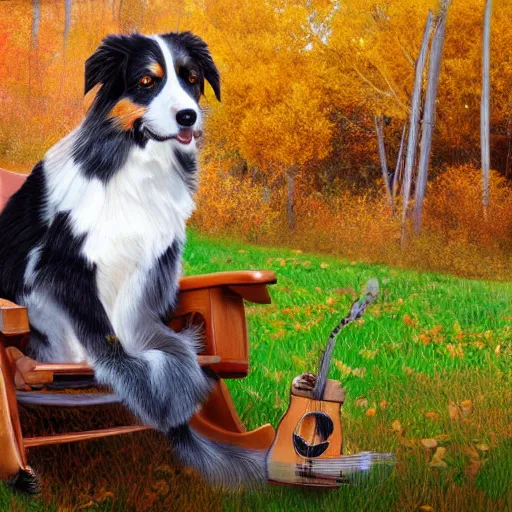 Prompt: Australian Shepard sitting on a rocking chair playing the banjo in the colorado mountains in fall with changing leaves all around ,artstation