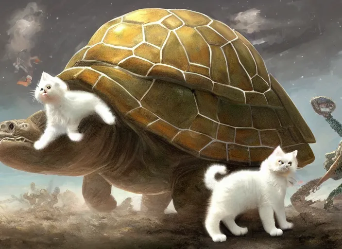 Image similar to white kittens riding giant turtles, battalion, digital oil painting, trending on artstation