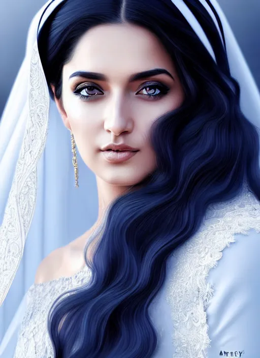 Image similar to arab ameera al taweel, blue eyes, long wavy black hair, white veil, in the style of stefan kostic, realistic, sharp focus, 8k high definition, insanely detailed, intricate, elegant, art by stanley lau and artgerm