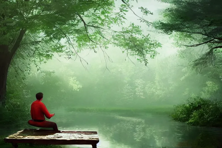 Image similar to a prince sits on a bench in a forest in front of a pond in the center, green color scheme, morning, mist, sun rays, artstation,