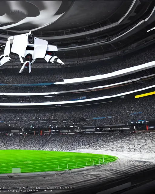 Prompt: a futuristic stadium with a giant black and white gundam on the field, unreal engine, hyper realism, realistic shading, cinematic composition, realistic render, octane render, detailed textures, photorealistic, wide shot