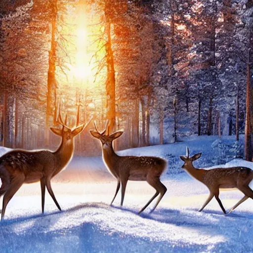 Image similar to family of deer on fire in a frozen forest, sparkles and sun rays, hyperrealistic, photo realistic, realistic, beautiful white lighting, in the middle of the day, hyperdetailed, very detailed