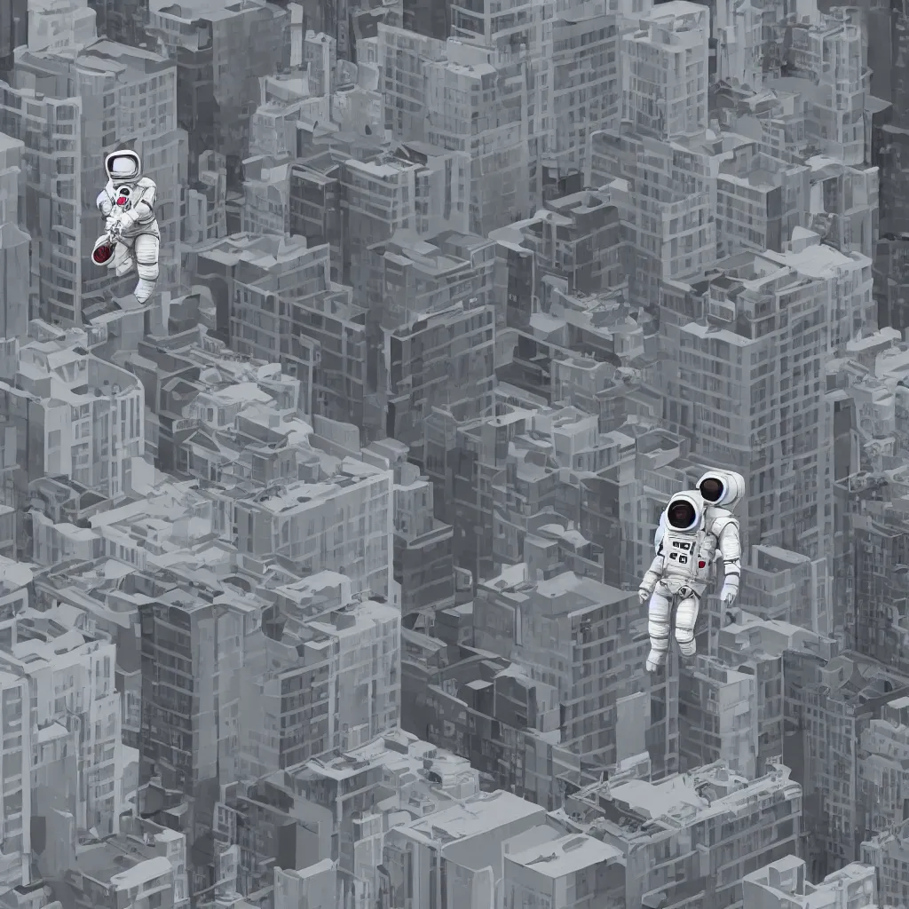 Image similar to illustration of an all grey plastic astronaut model toy on top of a building on a city street