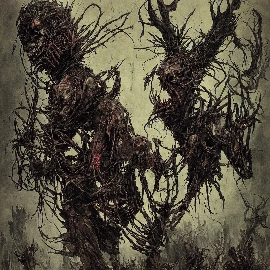 Image similar to A creepy armored horned fanged demon woman with blue scarred skin wrapped in barbed wire. Extremely high detail, realistic, fantasy art, solo, bones, textured, masterpiece, saturated colors, intricate ominous visionary concept art tangled, ripped flesh, art by Zdzisław Beksiński, Arthur Rackham, Dariusz Zawadzki