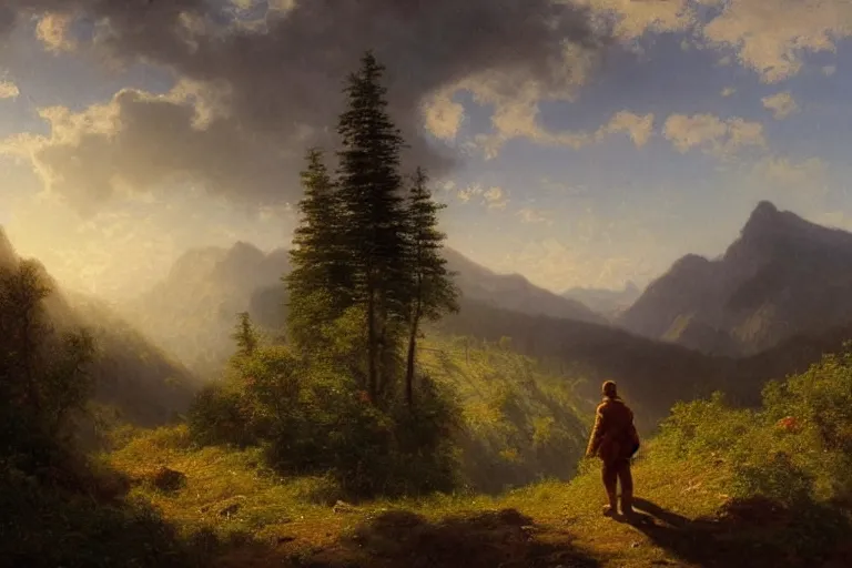 Prompt: a traveler wandering trough the mountains looking at the clouds, very detailed, oil painting, cinematic lighting, albert bierstadt, trending on artstation, colorful, canvas, sunset, theodor kittelsen, hans dahl