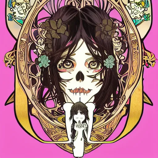 Image similar to anime manga skull portrait woman comic skeleton illustration style by Alphonse Mucha pop art nouveau