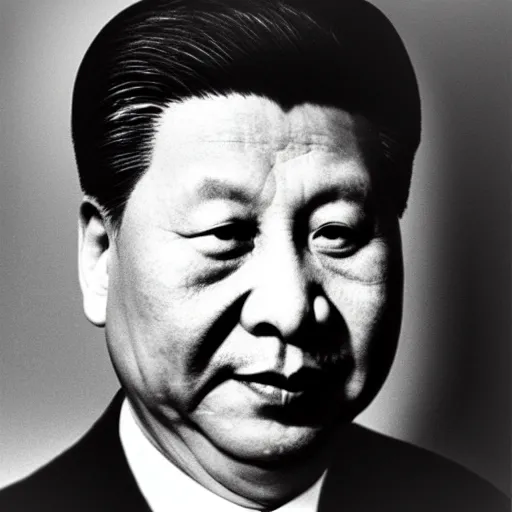 Image similar to photo of Xi Jinping by Diane Arbus, extreme closeup, black and white, high contrast, Rolleiflex, 55mm f/4 lens