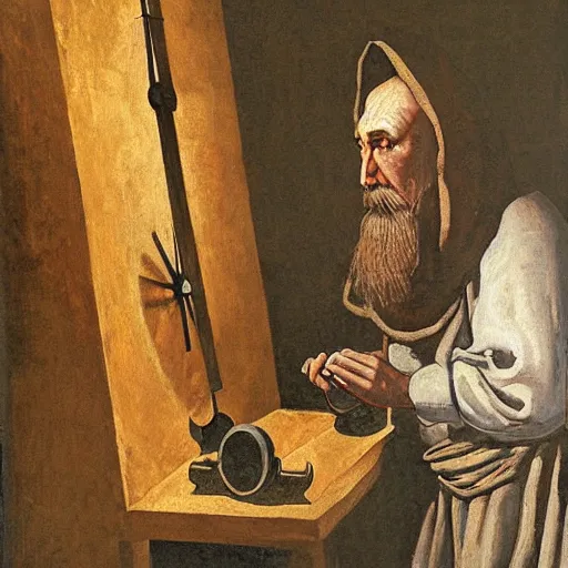 Image similar to medieval monk maintaining an extremely complex mechanical clock, oil painting, warm lighting