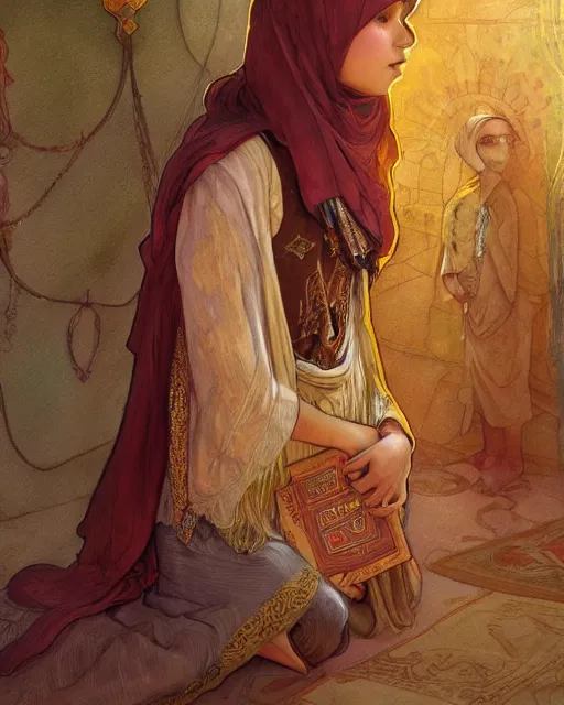 Image similar to a bedouin child infront of an big open quran highly detailed, gold filigree, romantic storybook fantasy, soft cinematic lighting, award, disney concept art watercolor illustration by mandy jurgens and alphonse mucha and alena aenami, pastel color palette, featured on artstation