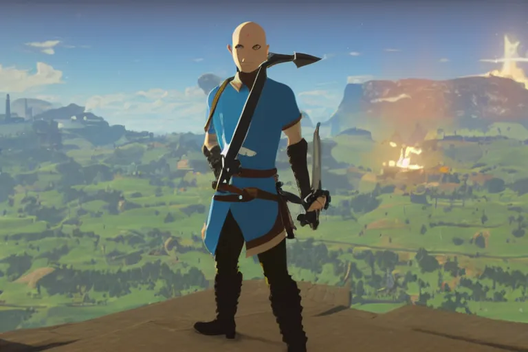 Image similar to agent 4 7 holding master sword in botw, breath of the wild screenshot