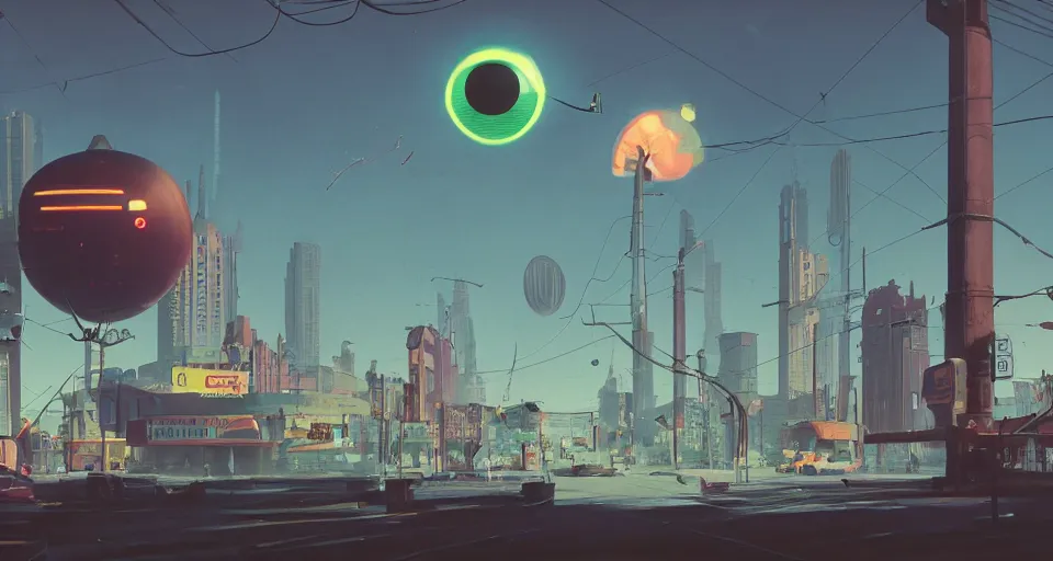 Prompt: A 1950s city scene with a GIANT LASER EYEBALL looming in the distance, rendered by simon stålenhag, rendered by Beeple, Makoto Shinkai, syd meade, environment concept, digital art, unreal engine, 3 point perspective, WLOP, trending on artstation, low level, 4K UHD image, octane render,