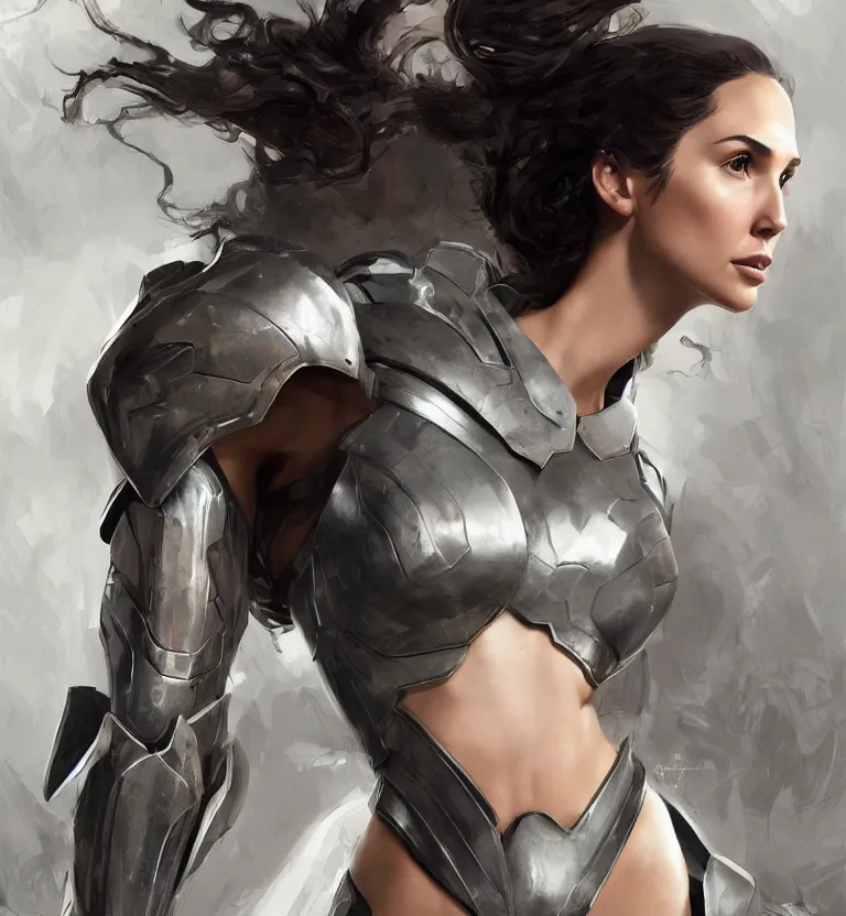 Image similar to fully body fashion model fantasy Gal Gadot wearing military armor long dark hair beautiful bone structure symmetrical facial features intricate elegant digital painting concept art smooth sharp focus illustration from Metal Gear by Ruan Jia and Mandy Jurgens by Artgerm by William-Adolphe Bouguerea