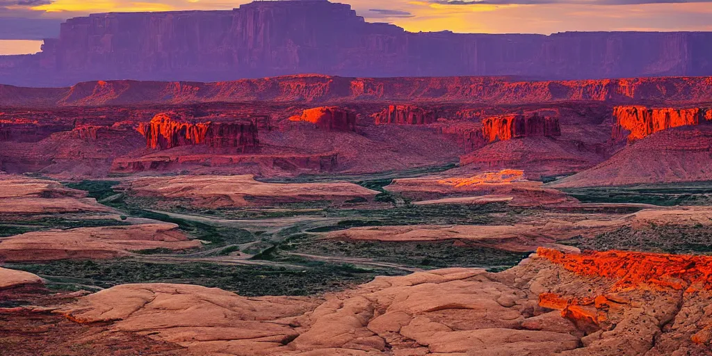 Image similar to “a dried river bend through a canyon surrounded by desert mountains at sunset, moab, utah, a tilt shift photo by Frederic Church, trending on unsplash, hudson river school, photo taken with provia, national geographic photo”