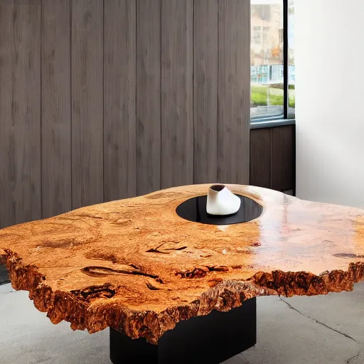 Prompt: cherry burl wood black epoxy river table, modern style, magazine photograph, realistic