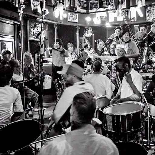 Image similar to architects watch a jazz band play in a crowded underground bar, photorealistic, 8k