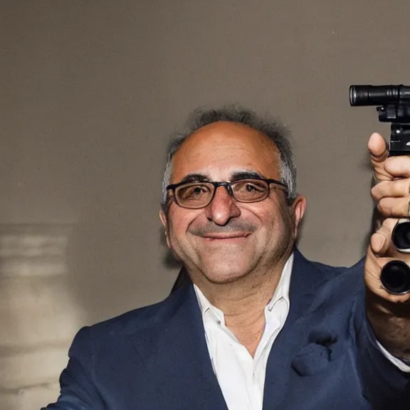 Prompt: antonio costa, smiling, pointing a gun at the camera, pulitzer prize winning photograph