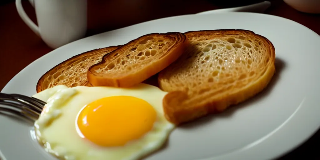 Prompt: photo of breakfast, close - up, low saturation, diffuse light