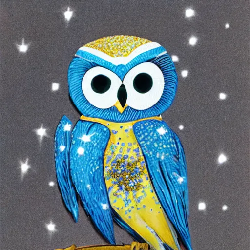 Prompt: A blue hooded owl with glowing yellow stars on its back, realistic