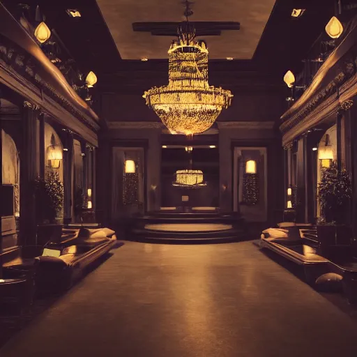 Image similar to upscale mysterious private auction, unnameable relics on display, cinematic lighting, moody lighting, extravagant details, lobby in the distance, elite dark figure