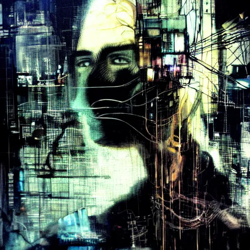 Image similar to glitchcore portrait of a cybercity dreamer, wires, machines, in a dark future city by jeremy mann, francis bacon and agnes cecile, and dave mckean ink drips, paint smears, digital glitches glitchart