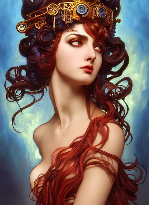 Image similar to the greek goddess hestia, hair made of fire, steampunk, glowing eyes, beautiful eyes, volumetric lights, red and cyan theme, art nouveau botanicals, intricate, highly detailed, digital painting, artstation, concept art, smooth, sharp focus, cinematic, illustration, beautiful face, art by artgerm and greg rutkowski and alphonse mucha