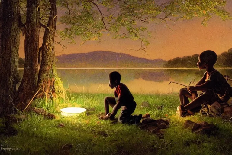 Image similar to a scenic view of a black boy talking to a phatom in the middle of a magical forest with glow-worm lights near a lake, detailed, cinematic, dramatic scene, retro illustration by Norman Rockwell.