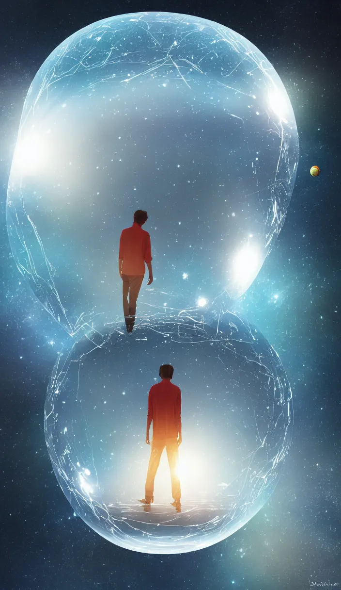 Image similar to a young man alone in an enormous transparent spherical capsule in the middle of outer space, digital art