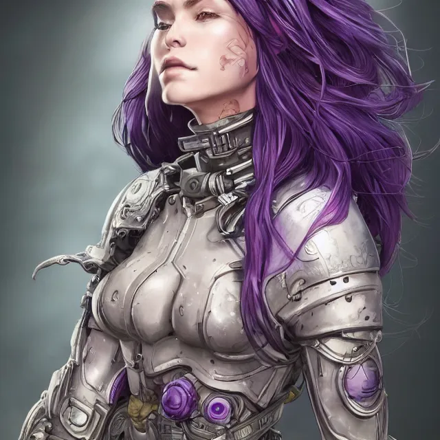 Image similar to close facial portrait of a pale woman in power armor with flowing purple hair, elegant, stoic, intense, ultrafine hyperdetailed illustration by kim jung gi, irakli nadar, intricate linework, sharp focus, bright colors, octopath traveler, final fantasy, hearthstone, highly rendered, global illumination, radiant light, detailed, intricate environment