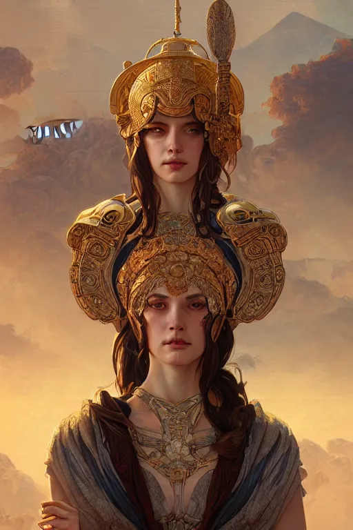 Image similar to portrait goddess athena, in ruined Agora of Athens Sunrise, ssci-fi and fantasy, intricate and very beautiful and elegant, highly detailed, digital painting, artstation, concept art, smooth and sharp focus, illustration, art by tian zi and WLOP and alphonse mucha