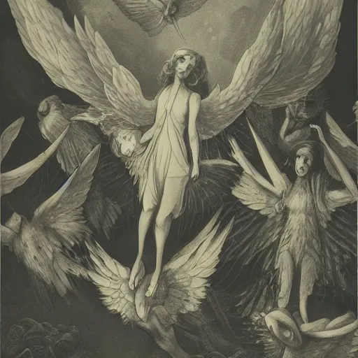 Image similar to A beautiful illustration of a winged creature, possibly an angel, flying high above a group of people in a dark, wooded area. The creature's wings are spread wide and its head is turned upwards, as if it is looking towards the sky. The people below are looking up at the creature with a mixture of awe and fear. by Miriam Schapiro manmade