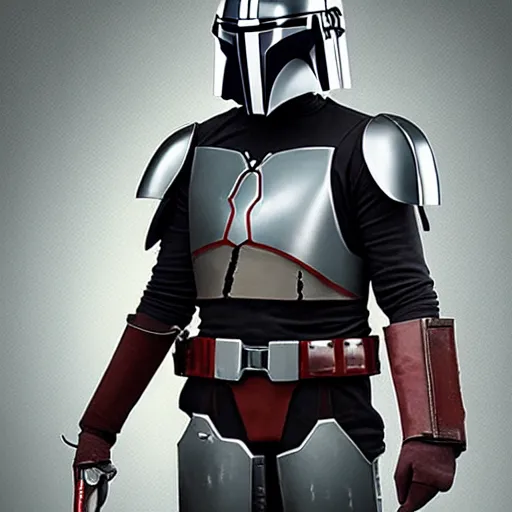 Image similar to Levi Ackerman, wearing a Mandalorian chest plate, holding his helmet. The chest plate is gray, red, gold, green, and white