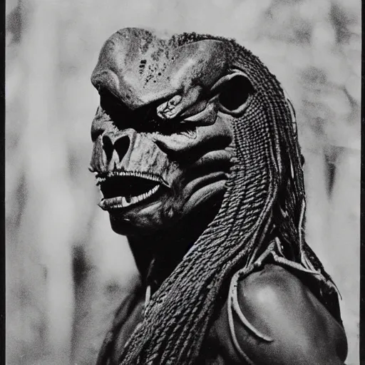 Image similar to photograph of yautja ( predator ) by edwardian, male, 1 9 0 0 s, 1 9 1 0 s, grainy, slightly blurry, faded, realistic face