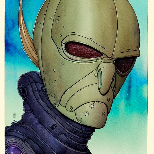 Image similar to a simple and atmospheric watercolour portrait of a pulp sci - fi alien commander, very muted colors, by rebecca guay, michael kaluta, charles vess and jean moebius giraud