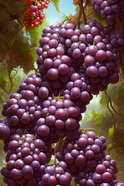 Prompt: christopher walken face as a bunch of grapes on the vine, hyper detailed, digital art, artstation, cinematic lighting, studio quality, smooth render, by peter mohrbacher, hajime sorayama, wayne barlowe, boris vallejo, aaron horkey, gaston bussiere, craig mullins