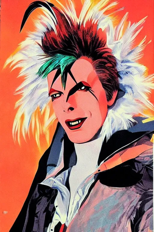 Image similar to scifi portrait of a rooster as David Bowie. McGinnis, pulp comic style, circa 1958, photorealism